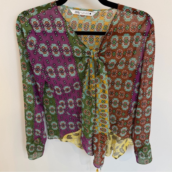 Zara Tops - Zara Women’s Boho Patchwork Sheer Blouse Tie Front Beaded Top Size Small
